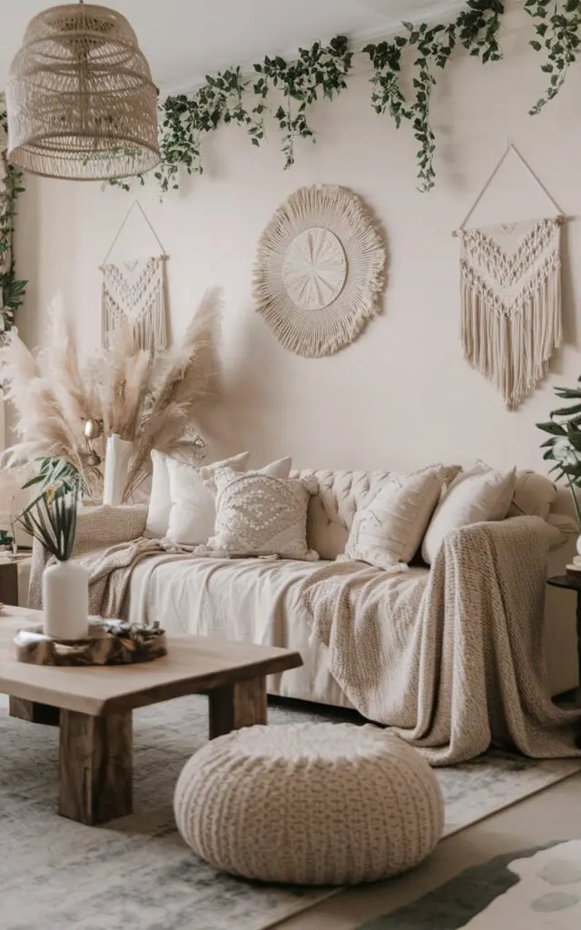 A photo of a Bohemian style modern luxurious living room. The room has a beige sofa with plush throw pillows and blankets. There is a wooden coffee table in the center. The walls are adorned with greenery and decorative items. The floor is covered with a rug.
