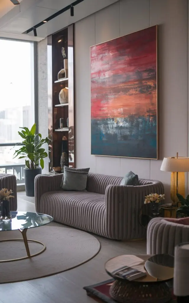 A photo of a modern luxurious living room in a boho style. There is a plush gray sofa with a few pillows, a glass coffee table, and a round rug. On the wall behind the sofa, there is a large, abstract painting with a mix of red, orange, and blue. There is a potted plant near the sofa. The room has a few other decorative items, such as a lamp and a wooden shelf. The room has a large window with a view of a cityscape.
