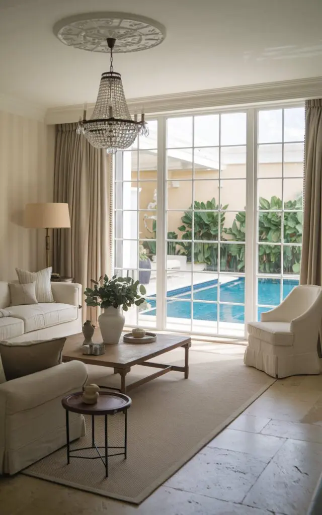 A photo of a luxurious French Country living room with a floor-to-ceiling window. The room has a beige sofa, a white chair, a wooden coffee table, and a beige rug. There is a beige lamp near the sofa. A white vase with greenery is placed on the wooden coffee table. The room has a chandelier hanging from the ceiling. The floor is made of beige tiles. The window offers a view of a swimming pool with blue water and surrounded by green plants. The walls have beige and white striped patterns.
