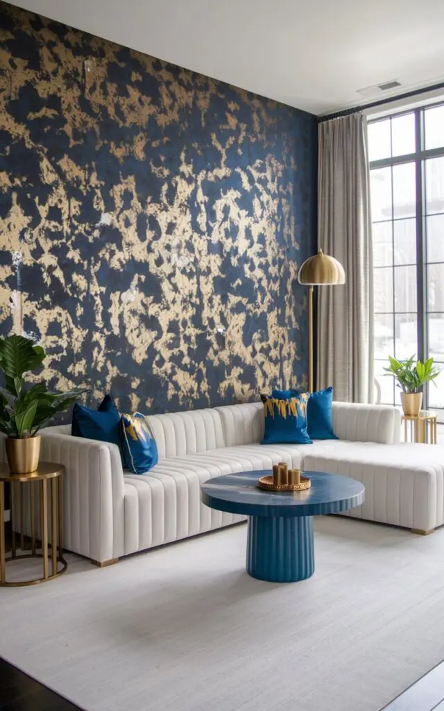 A photo of a Hollywood glam modern living room with a bold accent wall covered in metallic wallpaper. There's a white sectional sofa with blue and gold cushions. There's a round blue table with a gold lamp beside it. There are two gold side tables with potted plants. The room has a large window with a curtain. The floor is covered with a white rug.