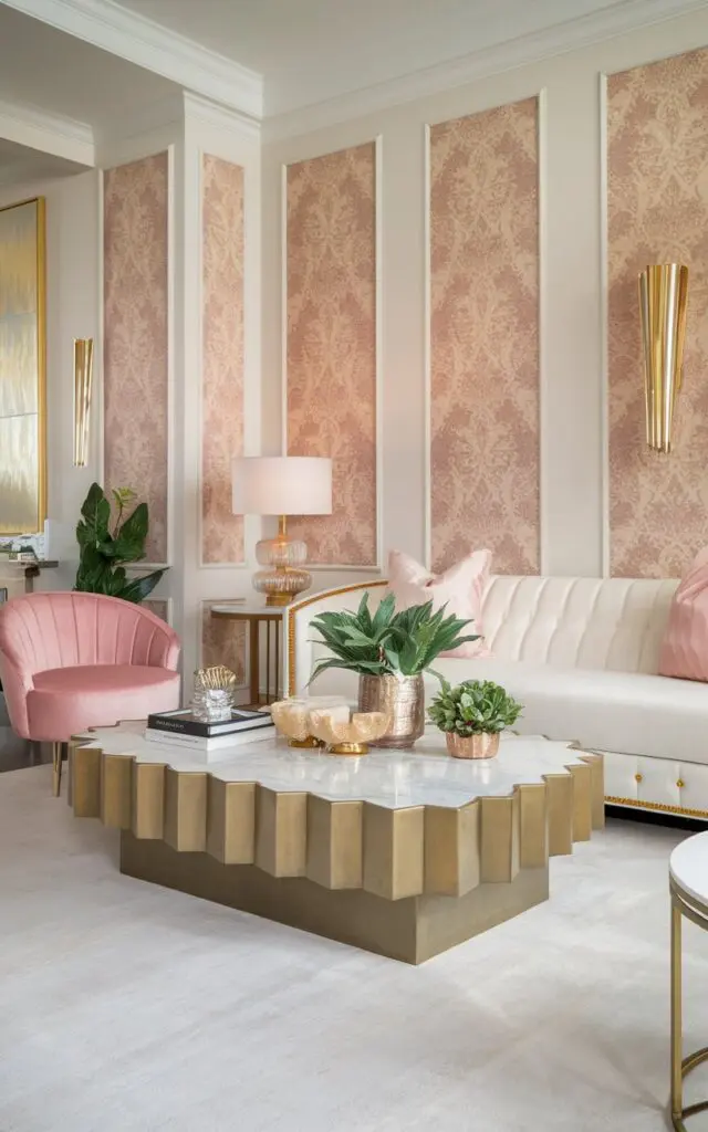 A photo of a Hollywood glam modern luxurious living room with a large, elegant coffee table as the centerpiece of the room. The living room features a white sofa with gold accents and a pink velvet chair. There are also a few planters and a lamp on the coffee table. The walls are adorned with gold and pink patterns. The floor is covered with a white rug.