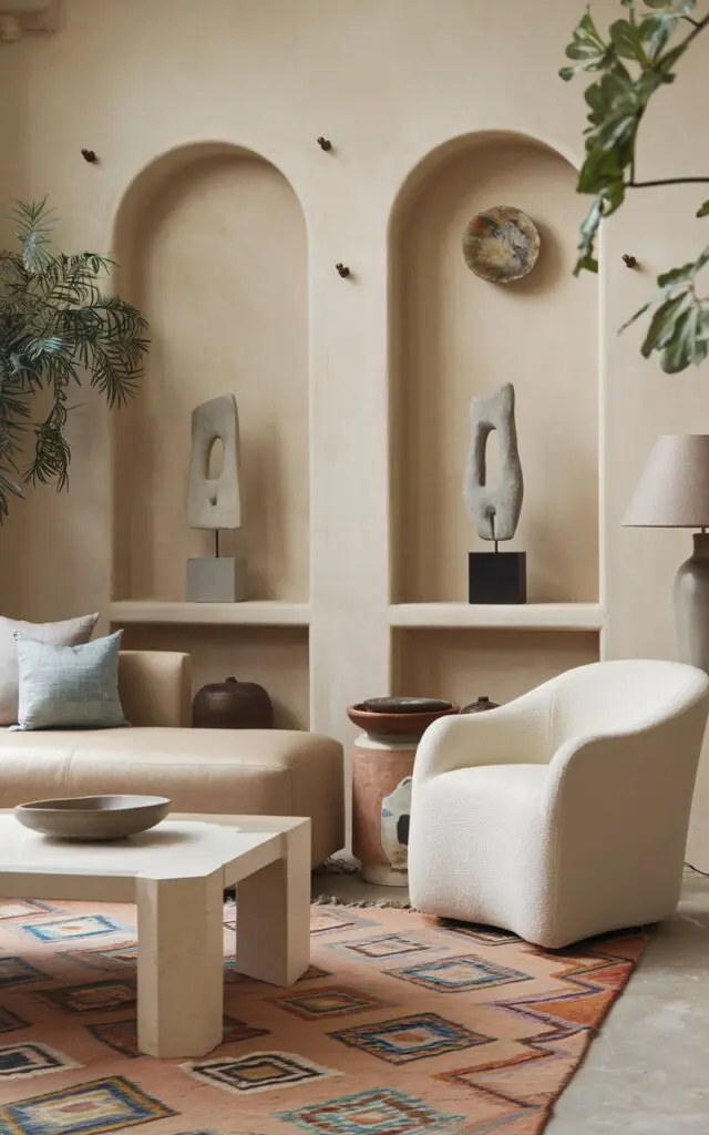 A photo of a Mediterranean-style living room with a beige sofa, a white chair, and a coffee table. There are two minimalist sculptures on a shelf. The room has a patterned rug, a lamp, and a potted plant. The walls are painted beige and have a few hooks. The room has a few items, such as a bowl and a vase.
