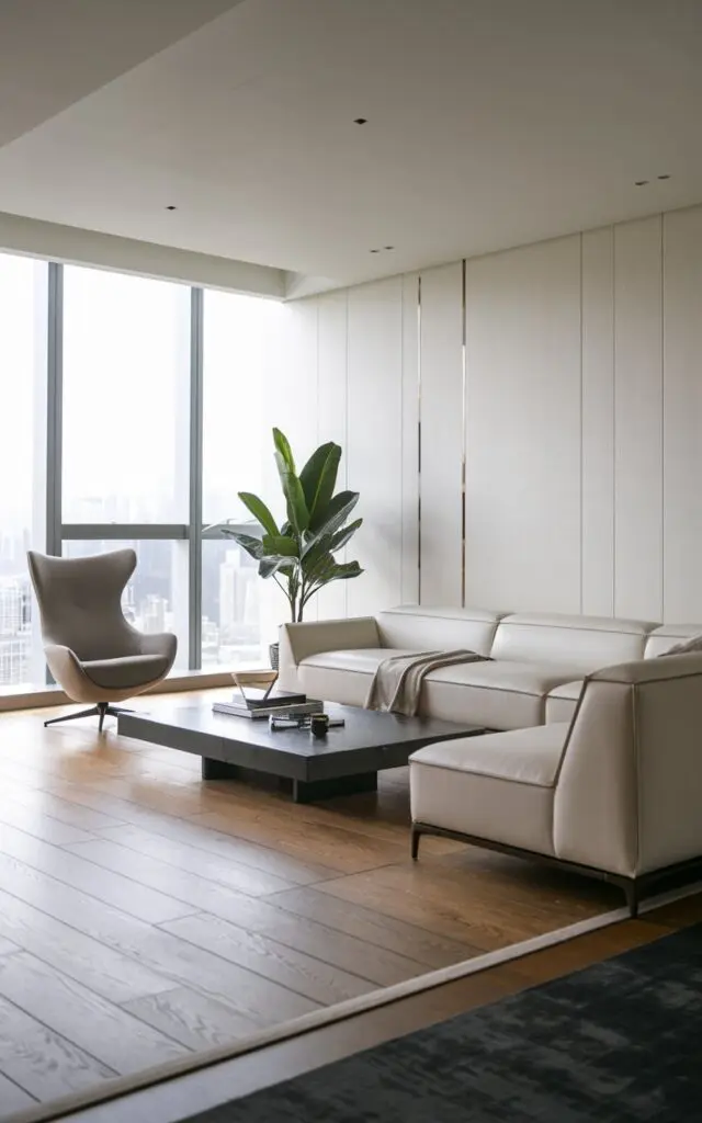 A photo of a modern luxurious living room with a minimalistic home decor style. The room has a sleek, modern furniture, including a white sofa, a black coffee table, and a potted plant. There is also a gray chair in the corner. The walls are painted white, and the floor is made of wooden planks. The room has a large window with a view of a city skyline.