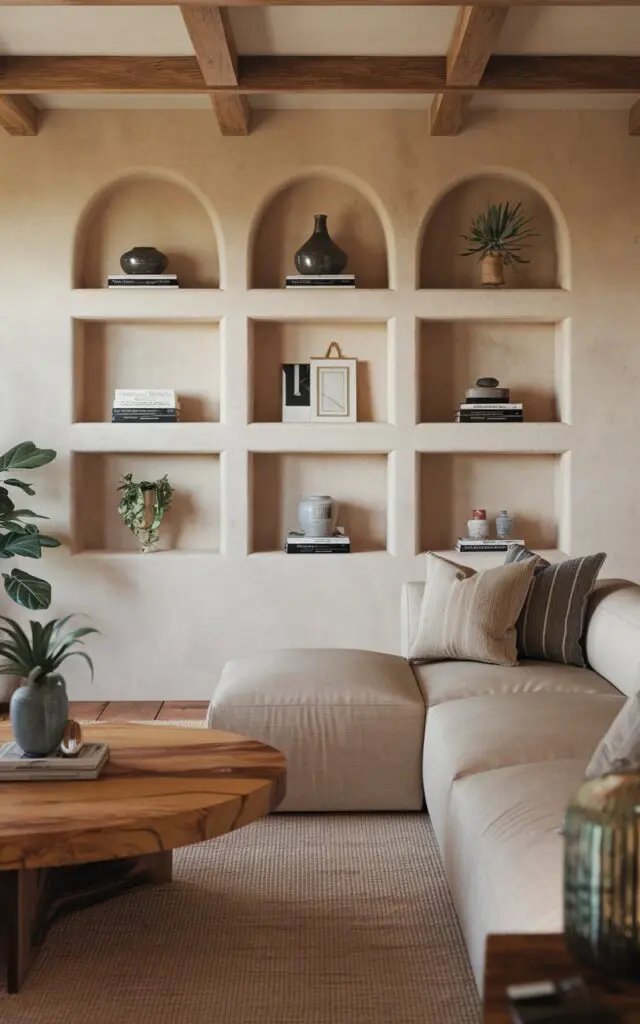 A photo of a Southwestern modern living room with a streamlined, modern look. There is a large, beige sofa with a few throw pillows. A wooden coffee table with a round top sits in front of the sofa. In the background, there's a wall with recessed shelving. The shelves are lined with books, decor items, and small plants. The room has a warm hue due to the lighting.