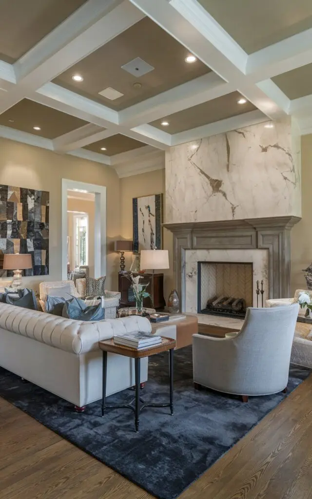 A photo of a traditional and transitional mixed modern luxurious living room. The room has a high ceiling, with recessed lighting. There's a large fireplace with a marble surround and a wood mantel. There's a plush beige sofa, a gray armchair, and a white accent chair. A dark gray area rug covers the hardwood floor. A few pieces of art hang on the beige walls.