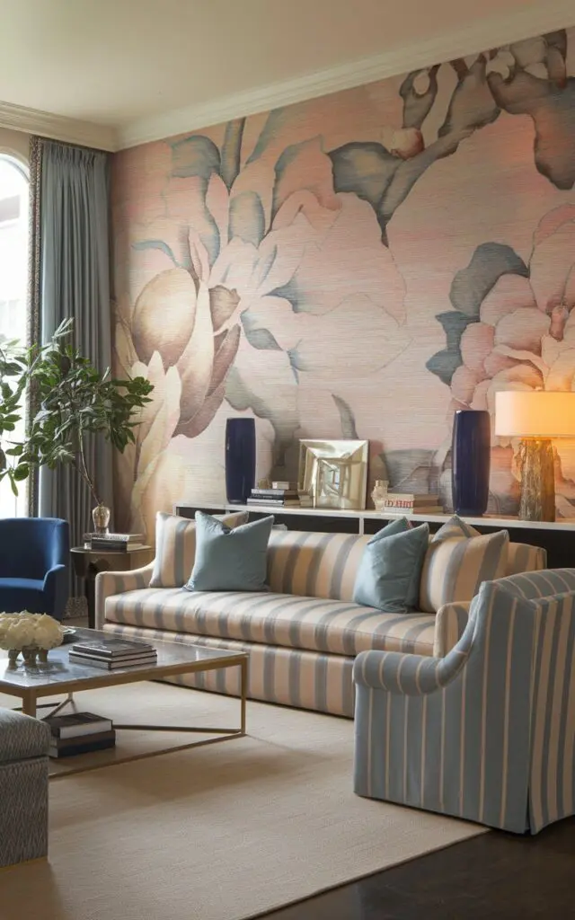 A photo of a transitional style modern luxurious living room with a textured wallpaper. The wallpaper has a large-scale floral pattern in soft pink, beige, and blue tones. The room has a large sofa in beige and blue stripes, a blue chair, a coffee table, a side table, and a bookshelf. There's a potted plant near the window. The floor is covered with a beige rug. The lighting is warm.