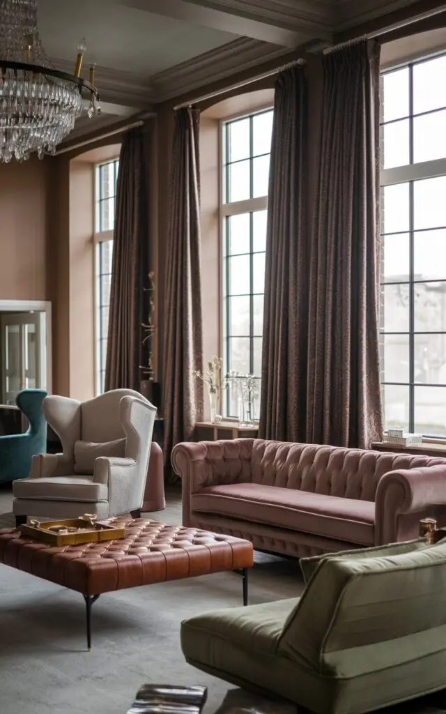 A photo of a Victorian-style modern living room with Oversized Curtains. The room has a high ceiling, large windows, and a chandelier. There is a sofa with velvet upholstery, a chair with linen upholstery, and a coffee table with a leather top. The walls are painted in a muted hue.