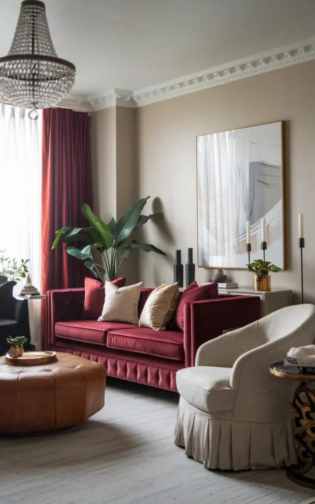 A photo of a modern living room with a Victorian style. The room has different textures in the upholstery, including velvet, linen, and leather. There is a velvet sofa, a linen chair, and a leather ottoman. The room also has a chandelier, a side table, and a plant. The walls are painted in a light color.