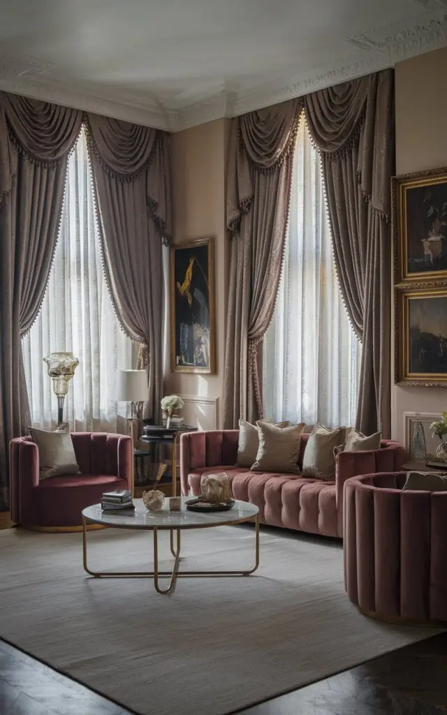 A photo of a Victorian style modern living room with layered windows (drapes and heavy curtains). The room has a luxurious touch with its plush furniture, ornate chandelier, and decorative items. There is a large rug in the center of the room. The walls are adorned with paintings. The lighting is soft.