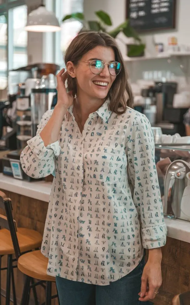 A photo of a casual woman wearing a button-up shirt printed with tiny periodic table symbols, smiling in a cozy coffee shop. The woman has brown hair and is wearing glasses. She is standing in front of a counter with various items. The background contains a few chairs and a plant.