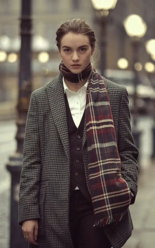 A photo of a chic young woman in a classic Sherlock Holmes-inspired overcoat and a patterned scarf. She is wearing a white shirt and a dark vest underneath the overcoat. The background is a city street with old-fashioned lampposts. The overall image has a vintage feel.