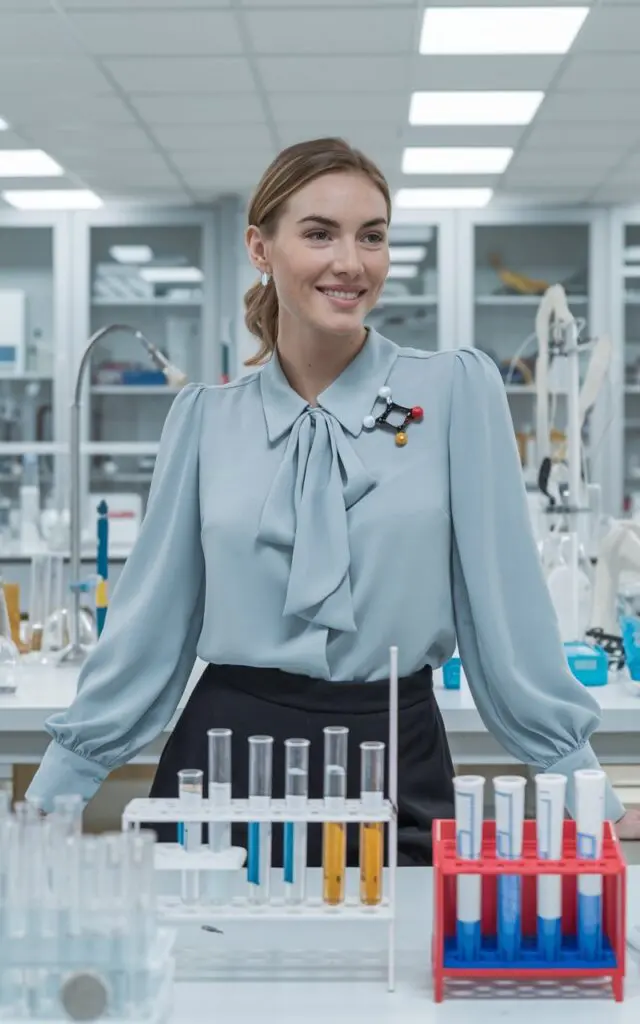 A photo of a fashionable woman in a nerdy outfit. She is wearing a light blue blouse with a molecular-shaped science brooch. She is standing confidently in a bright laboratory filled with test tubes and equipment. The background contains a variety of scientific tools and equipment. The woman is smiling with a passion for science.