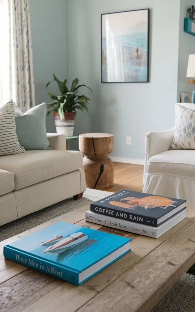 A photo of a living room with a coastal decor style. There are two coffee table books on a wooden coffee table. The first book's name is 'Three Men in a Boat', and the second book's name is 'Coffee and Rain'. The room has a beige sofa, a white chair, and a wooden stool. The walls are painted in a light blue color. There is a potted plant near the sofa.