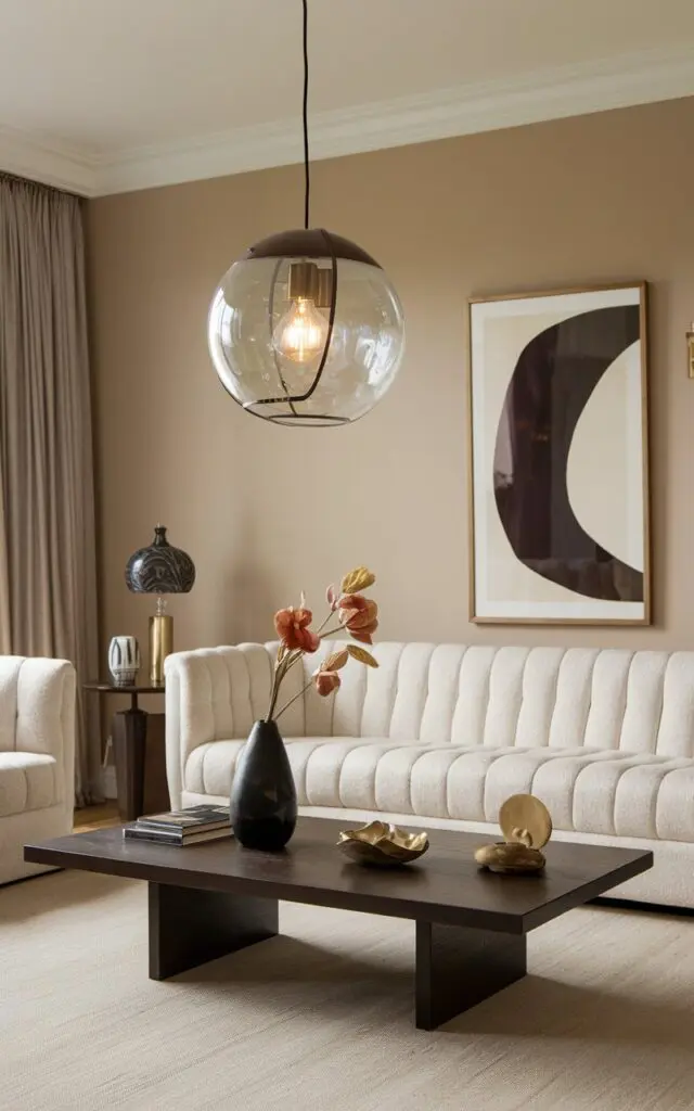 A photo of a mid-century modern style living room with a bold, modern pendant light as a statement piece. The room has a luxurious touch with a plush white couch, a dark wooden coffee table, and a few decorative items. The walls are painted in a soft beige color. The pendant light hangs over the coffee table and has a spherical shape made of glass. The floor is covered with a beige rug.