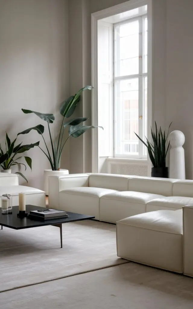 A minimalistic living room with Contemporary, Slim-Profile Sofas for a Modern Edge. The room contains a white leather sofa, a black coffee table, and a few potted plants. There's also a large, white sculpture near the window. The walls are painted a soft grey. The floor is covered with a large, white rug.