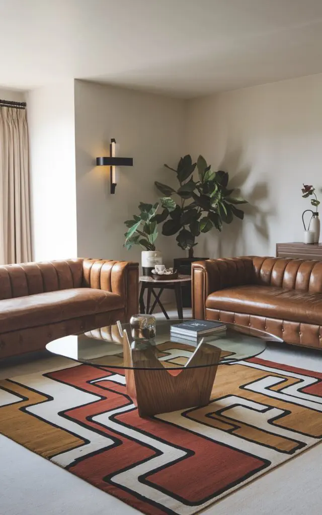 A photo of a modern Bauhaus living room with a bold, contemporary area rug. The rug has an abstract, unique, geometrical design. The room has a luxurious touch, with a leather sofa, a glass coffee table, and a wooden side table. There's also a potted plant and a wall lamp. The walls and the ceiling are painted white.