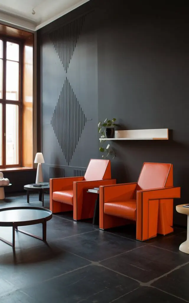 A photo of a modern Bauhaus living room. The room has a dark accent wall with a large, geometric pattern. There are two statement armchairs with a contrasting bright orange color. The armchairs have a Bauhaus-style, geometric design. The floor has a dark grey hue. There is a round table with a white top and a dark frame between the armchairs. A white, rectangular shelf is mounted on the dark grey wall. There's a potted plant on the shelf. The room has a few other white objects, including a lamp, a small table, and a few items on the dark grey floor. The room has a large window with wooden frames, allowing natural light to illuminate the space.