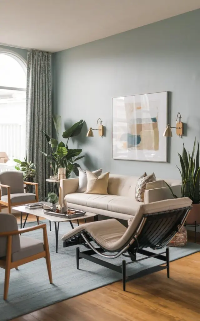 A photo of a modern Bohemian living room with a chaise lounge for added luxury. The room has a beige sofa, a few chairs, a coffee table, and a chaise lounge. There are also plants, a lamp, and a few decorative items scattered around the room. The walls are painted in a light blue colour.