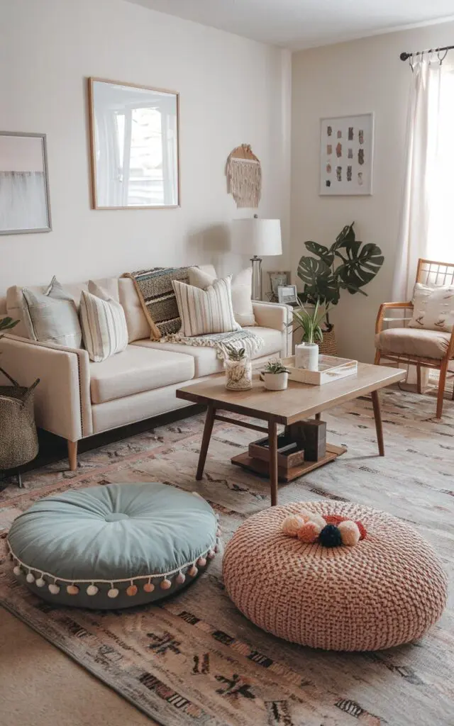 A photo of a modern Boho + Shabby chic living room with an oversized floor cushion, a medium-sized floor cushion, and a knitted throw blanket with pom-poms. The room has a beige sofa with patterned cushions, a wooden coffee table, and a patterned rug on the floor. There are also a few decorative items, such as a plant and a lamp. The walls are painted white.