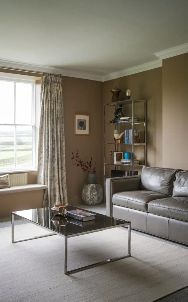 A photo of a modern English countryside living room with a matte wall paint and glossy furniture. The room has a sofa, a coffee table, and a bookshelf. There is a rug on the floor. The walls are painted in a matte finish. The furniture, including the coffee table and bookshelf, is glossy. The room has a window with a view of the countryside.