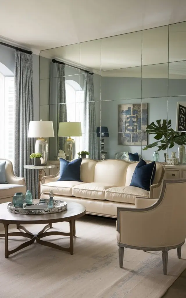 A photo of a modern French Country style living room with mirrored surfaces for a luxurious touch. There is a beige sofa with blue cushions, a round wooden coffee table, and a beige chair with a blue cushion. The room has a beige area rug. There are also a few decorative items, including a lamp, a plant, and a wall art. The walls are painted in a light blue color.