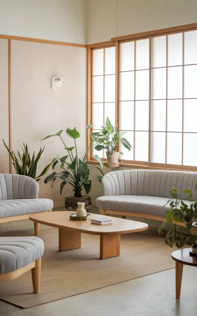 A photo of a Japandi-style living room with low-profile furniture. The room has a light color scheme with wooden elements. There's a gray sofa with curved lines and a wooden coffee table in the center. A few potted plants are placed around the room. The walls have a light beige color, and there's a large window with wooden details. The floor is covered with a beige rug.