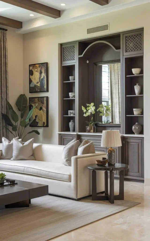 A photo of a modern Mediterranean living room with custom cabinetry for a tailored space. The room has a luxurious touch. There's a beige sofa with a few pillows, a dark brown coffee table, and a plant. The walls are adorned with artwork. The cabinetry near the entrance has a mirror and a few decorative items. The floor is made of beige tiles.
