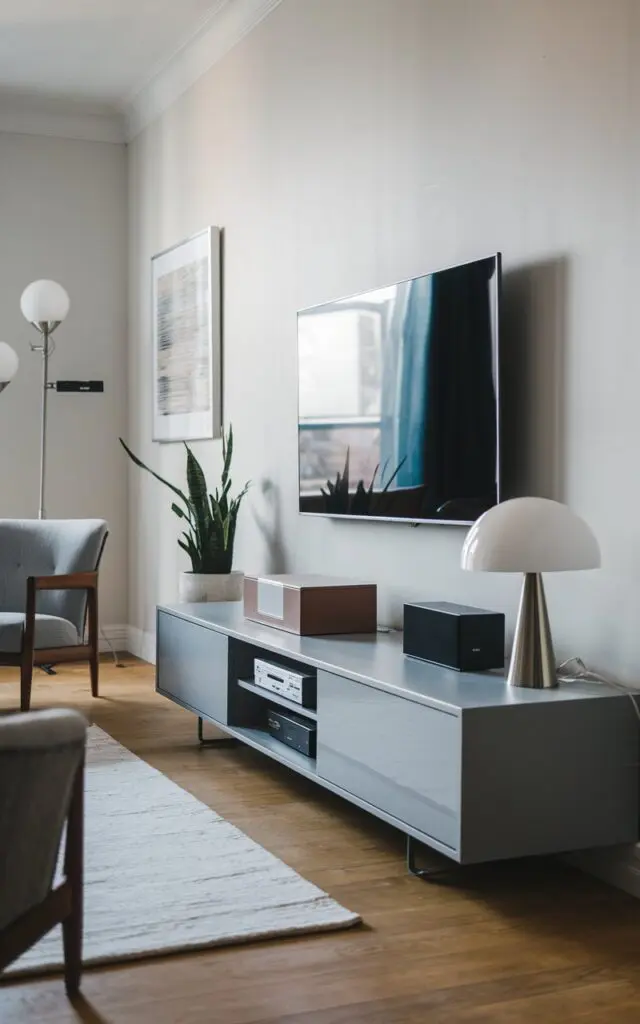 A photo of a modern minimalist living room with a sleek aesthetic. There's a gray media console with a few items on it. There's a white lamp, a brown box, and a black speaker. The console is placed beneath a wall-mounted TV. The room has a few other items, including a gray chair and a potted plant. The walls are painted white. The floor is made of wooden planks.