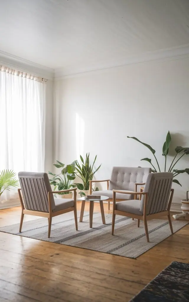 A photo of a modern Scandinavian living room with a conversation area. There are two chairs and a loveseat arranged around a small table. The room has a wooden floor, white walls, and a white ceiling. There is a rug beneath the furniture. The furniture has clean lines and is made of wood and fabric. There are a few plants in the room. The lighting is soft.