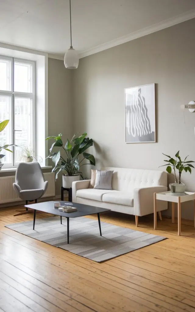A photo of a modern Scandinavian living room with low-profile furniture. There's a white sofa with a few cushions, a black coffee table in the middle, and a white side table next to the sofa. There's a grey chair in the corner. The room has a wooden floor and a few plants. The walls are painted in a light grey colour.