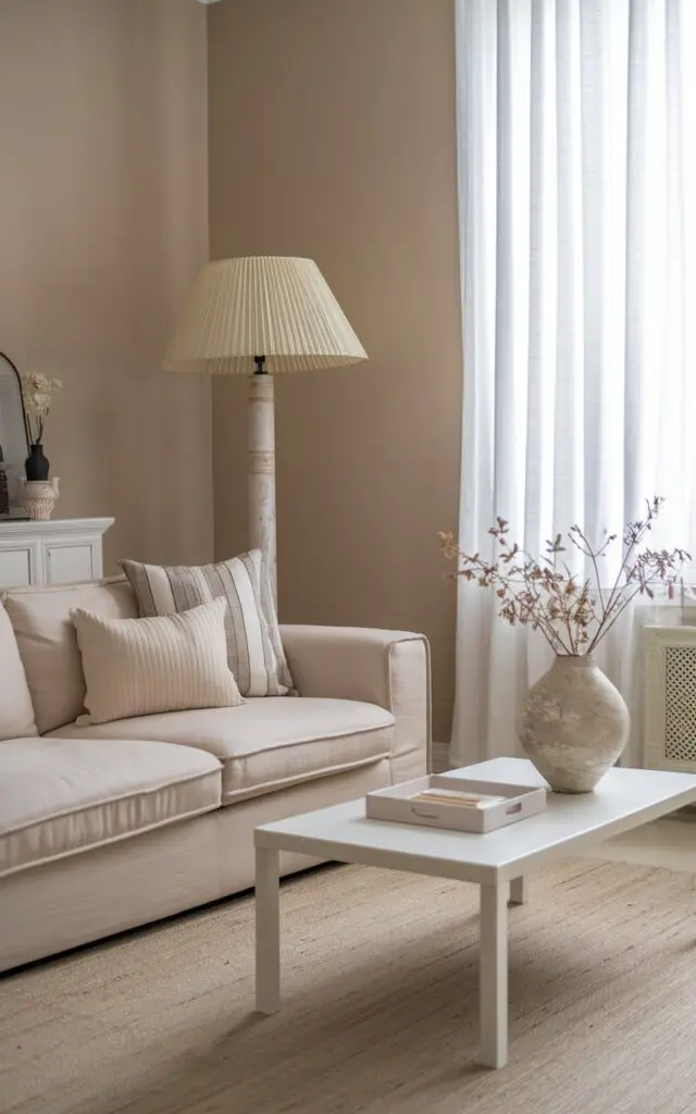 A photo of a modern Shabby Chic living room with a beige sofa, a white coffee table, and a few decorative items. There is a beige rug on the floor. A floor lamp with a beige lampshade and a white base is placed near the sofa. The walls are painted beige. There is a window with white curtains.