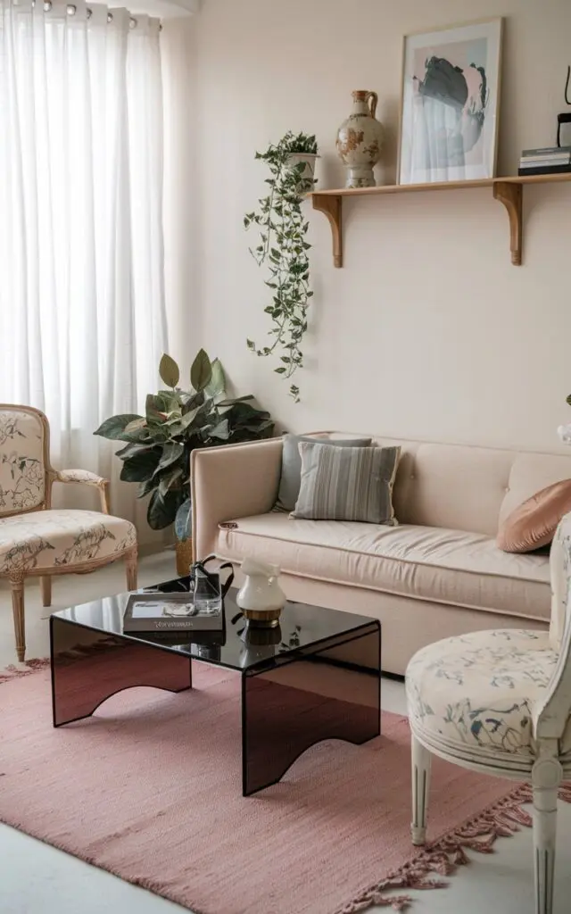 A photo of a modern shabby chic living room with a smoked glass coffee table. The room has a beige sofa with a few cushions. A white chair with a floral pattern is placed near the sofa. A pink rug is placed on the floor. A wooden shelf with a few decorative items is placed above the sofa. A potted plant is placed near the wall.
