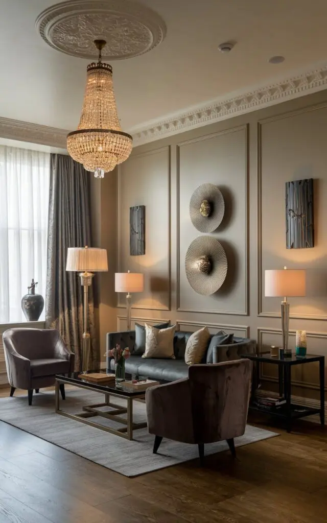 A photo of a modern Victorian living room with a luxurious feel. There is a statement chandelier hanging from the ceiling. There is a floor lamp and two table lamps in the room. The room has a sofa, a chair, and a coffee table. The walls have decorative items. The floor is made of wood.