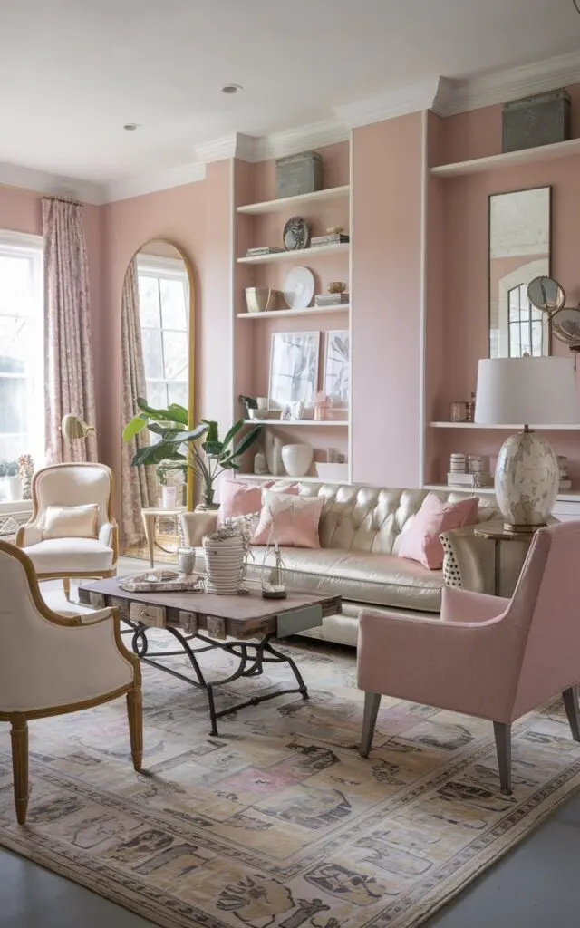 A photo of a modern farmhouse with a shabby chic living room. The room has a monochromatic palette of gold and pink. There is a sofa, a few chairs, a coffee table, and a lamp. There is a patterned rug on the floor. The room has shelves, a mirror, and a plant. The walls are painted in a soft pink hue.