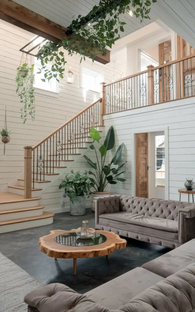 A photo of a modern farmhouse living room with a luxurious touch. The room has natural elements like wood and plants for a fresh, organic feel. There's a large wooden staircase with a wrought iron railing, and a wooden beam on the ceiling. There are plants hanging from the wooden beam. The walls have white wooden panels. There's a large potted plant near the stairs. There's a plush grey sofa with wooden legs. There's a wooden coffee table with a round glass top. The floor is made of dark grey concrete.