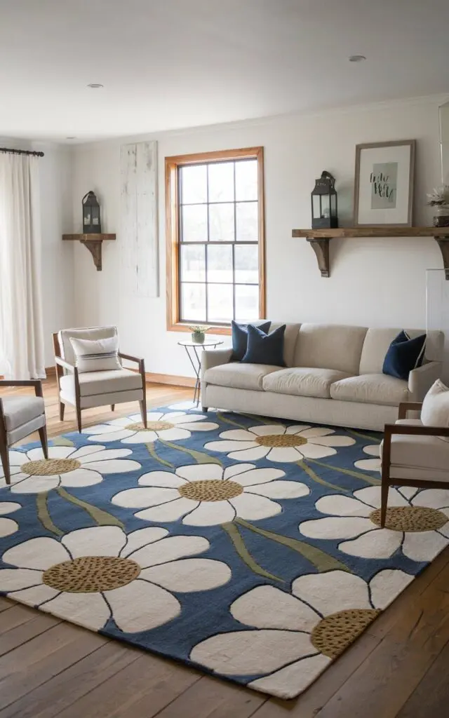A photo of a modern farmhouse living room with an oversized rug. The rug has a pattern of large white flowers on a blue background. There is a beige sofa with blue pillows and a few chairs in the room. The walls are white, and there are a few pieces of decor, including a wooden shelf with a lantern and a framed art piece. There is a large window with a wooden frame and a white curtain. The floor is made of wooden planks.