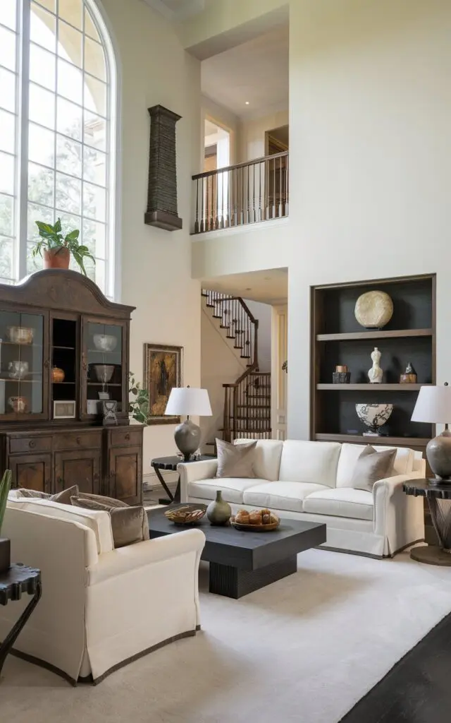 A photo of a luxurious living room with a mix of vintage pieces and contemporary furniture. The room has a high ceiling, large windows, and a white wall. There is a white sofa with a few cushions and a black coffee table in the middle of the room. On the left side, there is a vintage wooden cabinet with glass doors. The cabinet has a few items on top, including a lamp, a ceramic pot with a plant, and a decorative item. On the right side, there is a contemporary wooden shelf with a few items, including a decorative lamp and a bowl. The floor is covered with a white rug. The background reveals a staircase with a wooden railing and a few items on the wall, including a painting and a decorative lamp.