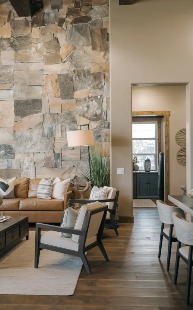 A photo of a modern rustic living room with an accent wall made of textured stone materials. The room has a sofa, a few chairs, and a coffee table. There's a lamp near the sofa and a plant in the corner. The floor is made of wood. There's a doorway leading to another room. The walls are painted beige.