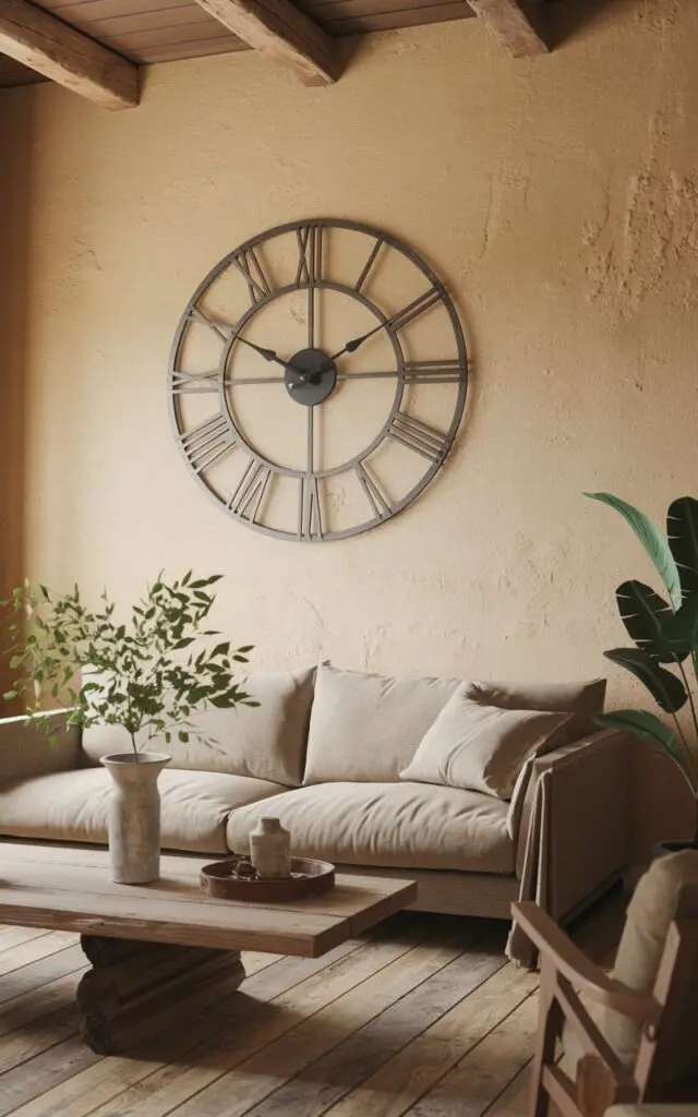 A photo of a modern rustic living room with a medium-sized clock as a unique and stylish statement piece. The clock has a wooden frame and features a large, round face with black hands. It is mounted on the wall above a beige couch. The room has a wooden coffee table, a potted plant, and a few decorative items. The walls have a textured finish and are painted in a warm, earthy hue. The floors are made of wooden planks.