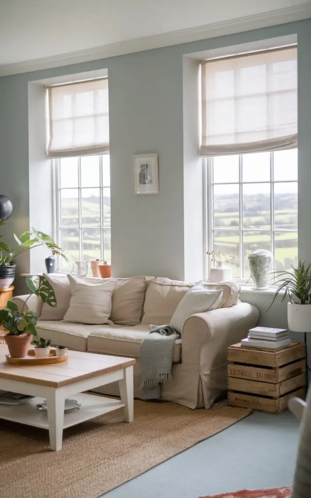 A photo of a modern shabby chic English countryside living room with automated window shades. The room has a beige sofa, a white coffee table, and a few potted plants. There are also a few wooden crates and a rug on the floor. The walls are painted in a light blue color. The window shades are automated and are pulled up, revealing a beautiful view of the English countryside.