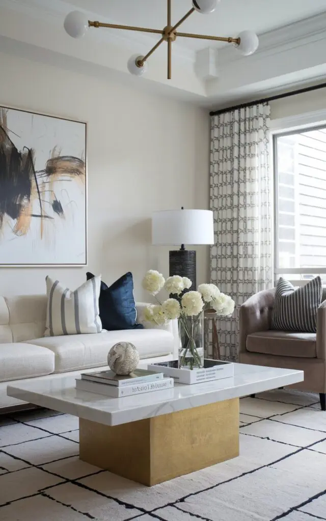 A modern transitional living room with 2-3 Metallic accented Coffee Table Books. The name of the book is inscribed in metallic accent. 