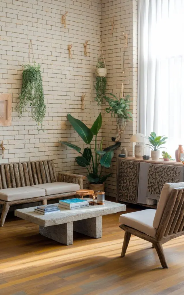 A photo of a modern living room with a naturalist theme. The room contains a few pieces of furniture, including a sofa, a coffee table, a chair, and a plant stand. The sofa and chair are made of wood and have a rustic design. The coffee table is made of stone and has a few books and a lamp on top. There is a large plant near the plant stand. The walls are made of brick and have a few hanging plants. The floor is made of wood. The room has plenty of natural light, with sunlight streaming in through a window.