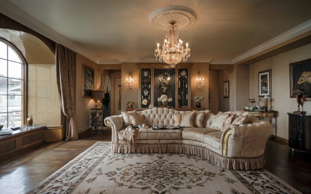 A photo of a luxurious traditional living room. There's a plush beige sofa with gold accents and a patterned carpet on a wooden floor. The room has a chandelier and a few decorative items. There's a large window with a curtain on the left. The room has a warm hue.