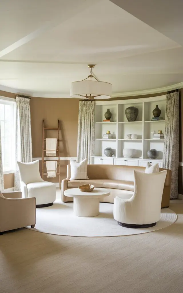 A photo of a modern cottagecore living room with a circular, cozy conversation area. The room has beige walls, a white ceiling, chandelier, and a beige carpeted floor. There is a white circular rug in the conversation area. The furniture in the conversation area includes a beige sofa with white cushions, two white chairs with beige cushions, and a white coffee table. There are also a beige armchair and a white side table in the room. The walls contain a white shelf with decorative items and a wooden ladder. The room has a warm and inviting atmosphere.