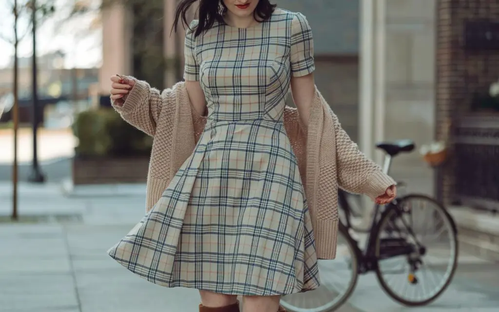 A photo of a woman in a hipster dress. She has dark hair and is wearing a beige dress with blue and beige checks. The dress has short sleeves and is slightly fitted. She is wearing a beige cardigan over the dress. The woman has on brown boots. She is standing on a sidewalk near a building. The background contains a bicycle and a building with a brick facade. The lighting is soft.