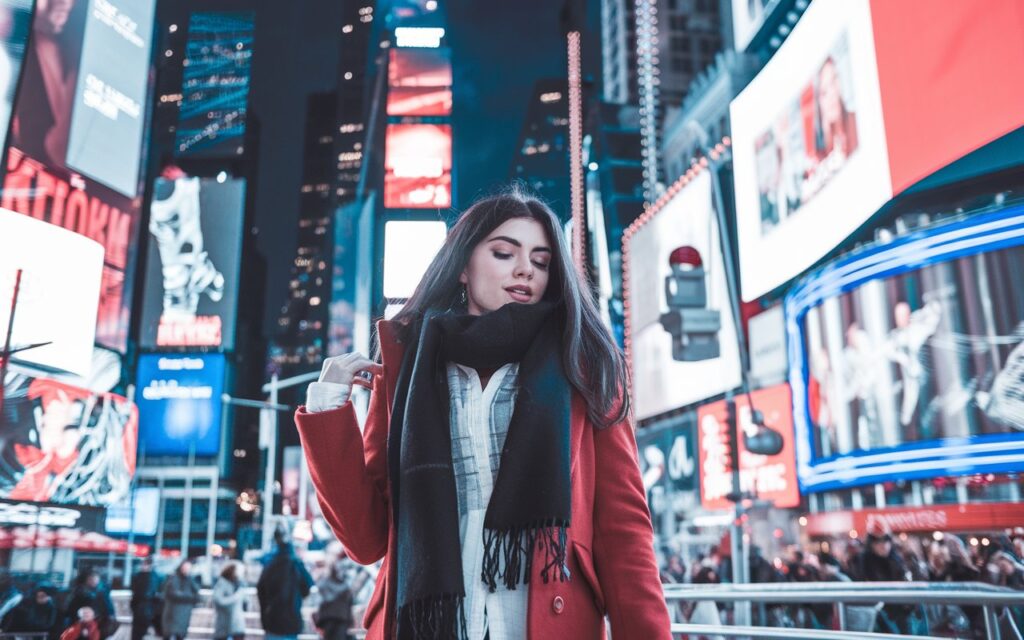 A photo of a young woman in a winter outfit in New York Times Square. She is wearing a red coat, a white shirt, and a black scarf. She has long, dark hair. The background is filled with bright lights and large billboards. The atmosphere is lively and bustling.