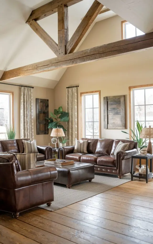 A photo of a rustic/farmhouse style modern luxurious living room. There is a high-quality leather sofa set in the room. The sofa set has a dark brown leather sofa and a matching dark brown leather coffee table. The room has wooden flooring. There is a large wooden beam across the ceiling. There are also a few plants in the room. The walls have beige paint and a few decorative items.