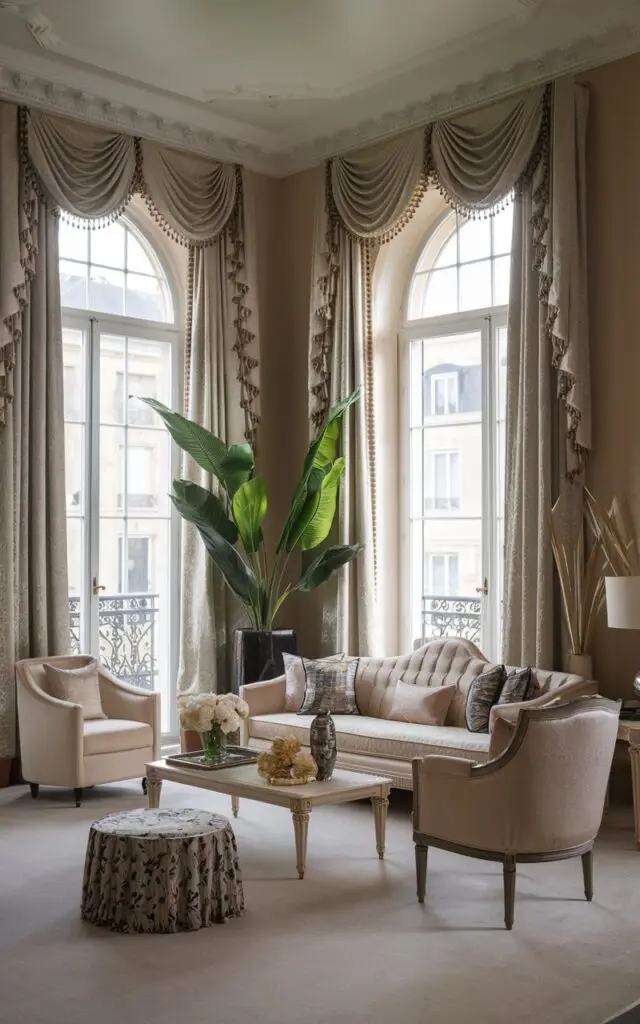 A photo of a luxurious French country-style living room with a modern touch. The room has a high ceiling, large windows with elegant, flowing drapes. There is a beige sofa with decorative pillows, a matching armchair, and a coffee table in the middle of the room. A large potted plant is placed near the window. The walls are painted a soft beige colour, and there is a decorative lampshade on the floor.