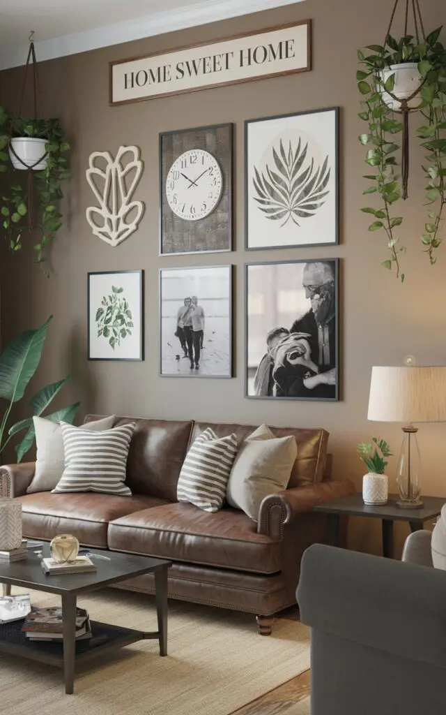 A photo of a modern living room with a traditional style. There is a gallery wall with 6-7 modern art pieces, family photos, and a wall clock. Above the gallery wall, there is a quote that says "Home sweet home". The room has a couch, a coffee table, and a lamp. The walls are painted beige and have a few hanging plants. The floor is covered with a beige rug.