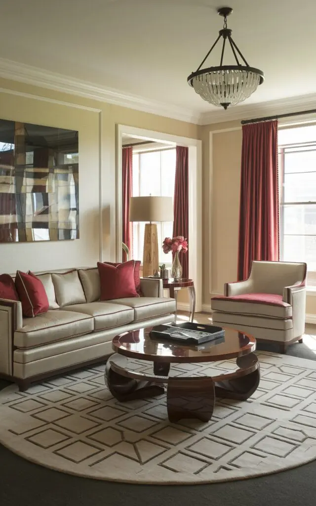A photo of a traditional and transitional modern living room with glossy or lacquered surfaces. The room has a beige sofa with red cushions and a matching armchair. There's a wooden coffee table with a glossy finish. A large, round rug with a geometric pattern is placed below the furniture. The walls are adorned with artwork. The room has a chandelier hanging from the ceiling.